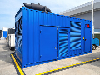 Container power plant. Blue container on concrete pad. Portable power plant based on sea container....