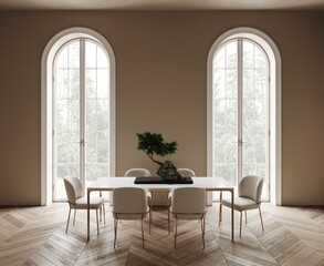 Dining room with white table and white soft chairs, with bonsai. Arched panoramic floor to ceiling windows. Wooden parquet floor, beige walls. View from the window to the forest. 3d render