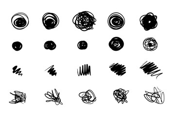Scribble grunge circle doodle cartoon dot blot elements collection hand drawn in vector set. Black and white sketch bullet journal strokes isolated on white.