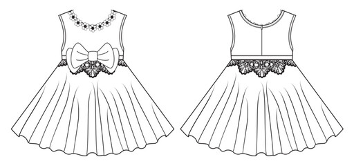 Girl's Dress. Charming dress with a full skirt cinched by an embellished sash at the waist. With the detail of flowers on the collar. - Vectorial - obrazy, fototapety, plakaty