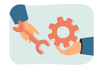 Gear wheel and wrench in human hands flat vector illustration. Repairment service, engineering, maintenance, support concept for banner, website design or landing web page
