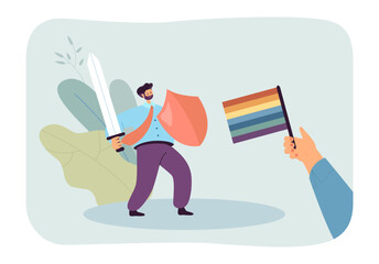 Man with shield and sword standing in front of rainbow flag. Fight and protest against LGBT of tiny person flat vector illustration. Resistance concept for banner, website design or landing web page