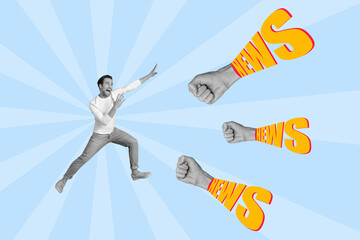 Collage 3d image of pinup pop retro sketch of scared yelling man try avoid intrusive bad news fists...