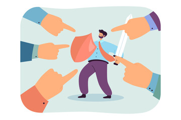 Fototapeta premium Fingers of people pointing at businessman with sword and shield. Tiny man protecting business flat vector illustration. Leadership safety concept for banner, website design or landing web page