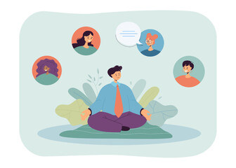 Employee meditating in lotus pose flat vector illustration. Office worker sitting with closed eyes and relaxing. Yoga, balance, concentration concept for banner, website design or landing web page