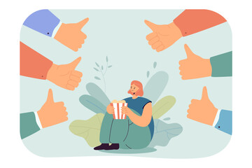 Girl surrounded by hands with thumbs up flat vector illustration Female character sitting and eating popcorn. Public approval, recognition concept for banner, website design or landing web page