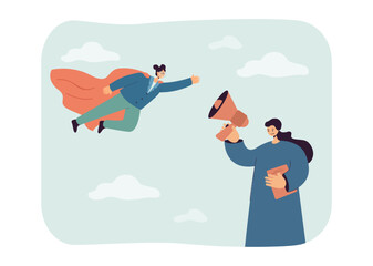 Woman with loudspeaker and girl flying in superhero robe. Female character ready to help flat vector illustration. Announcement, request concept for banner, website design or landing web page