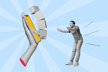 Photo cartoon comics sketch picture of happy excited man stretching hands receive online order...