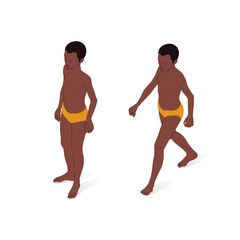 Boy of African ethnicity, standing and walking, isometric view, full body. Isometric vector illustration.