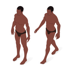 Man of African ethnic origin, standing and walking, isometric view, full body. Isometric vector illustration.
