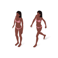 Girl of African ethnicity, standing and walking, isometric view, full body. Isometric vector illustration.