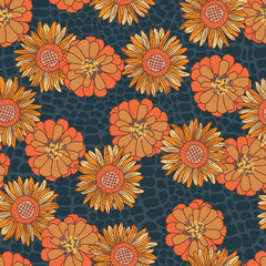 Groovy Retro Sunflowers Vector Seamless Pattern