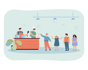 Hungry kids standing in queue for healthy food in school canteen. Girl taking plate from female chef flat vector illustration. Lunchtime, order concept for banner, website design or landing web page