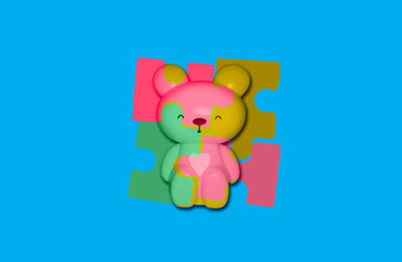 Top view, Jigsaw (Puzzleo) colourful logo and teddy bear design isolated on cyan background for illustration or stock photo success concept, Advertising, banner, card, brochure