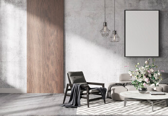 mock up poster frame in modern interior background, living room, Contemprorary style, 3D render, 3D illustration	