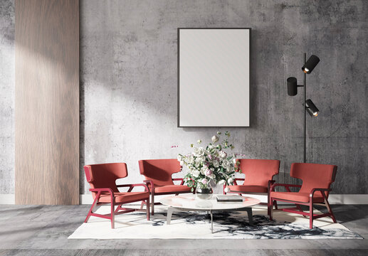 mock up poster frame in modern interior background, living room, Contemprorary style, 3D render, 3D illustration	