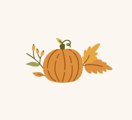 Autumn composition of pumpkin, branch with berries and leaves. Harvest, thanksgiving illustration. Fall season elements. Vector hand drawn art. 