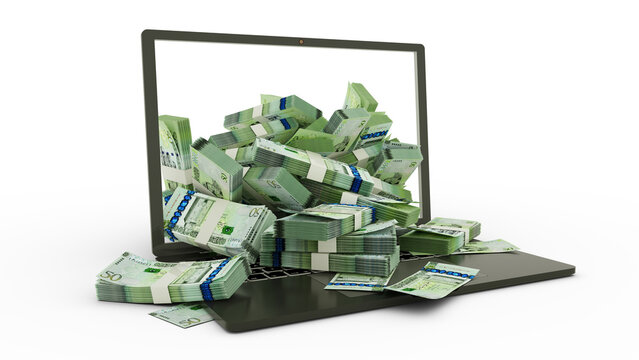 3D rendering of Libyan dinar notes coming out of a Laptop monitor isolated on white background. stacks of dinar notes inside a laptop. money from computer, money from laptop