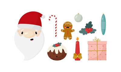 Cartoon Christmas set. Vector illustration. Good for cards, icon, stickers, prints etc.