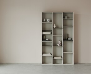 Bookshelf with decor in an empty room, pink walls, concrete floor, 3d render. Illustration