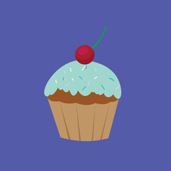 cupcake with blue icing and cherry