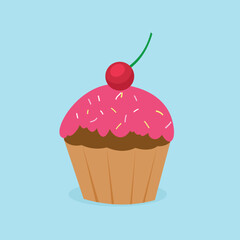 cupcake with pink frosting and cherry
