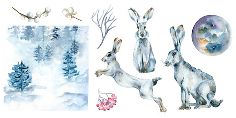 Set of hares and winter landscape watercolor illustration isolated on white background. © Ekaterina Lanbina