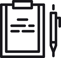 Paper on clipboard with pen. Document line icon