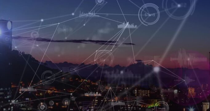 Animation of data processing with network of connections over cityscape