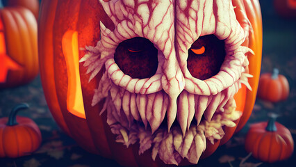 Halloween Carved Pumpkin. Jack O Lantern smile face. Decoration from pumpkins. Happy Halloween.