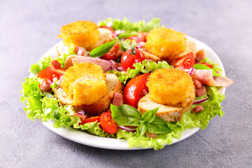vegetable salad and toast with fried goat cheese