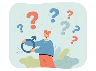 Girl holding female gender sign flat vector illustration. Question marks over pensive woman. Doubt, frustration, feminism concept for banner, website design or landing web page