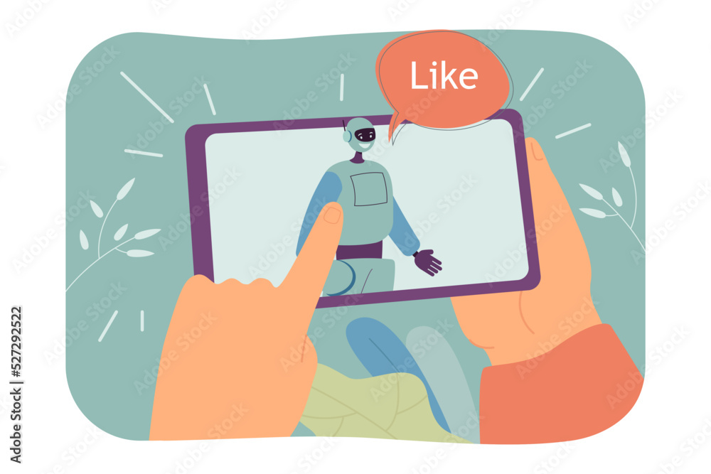 Poster online interaction between chatbot and customer. finger of person touching robot and bubble with lik