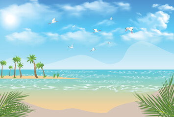 Fototapeta na wymiar Summer landscape day time beach scene with trees background