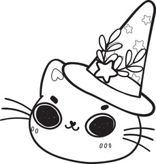 cute Halloween kitten cat wear witch hat cartoon doodle outline transparent stamp