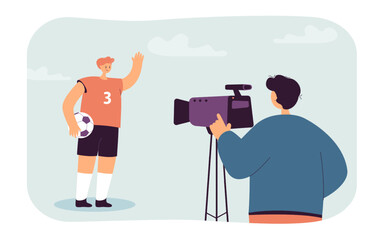 Man with camera recording interview with soccer player. Press conference of male professional footballer flat vector illustration. Sport news concept for banner, website design or landing web page