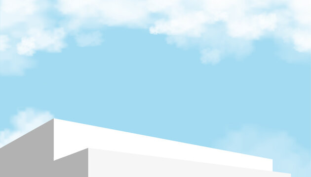 3d podium step with geometric platform on blue sky background,Vector horizon banner with Stage Showcase or Stairway mockup on Summer clouds, Minimal scene design with Stand for Spring, Summer cosmetic