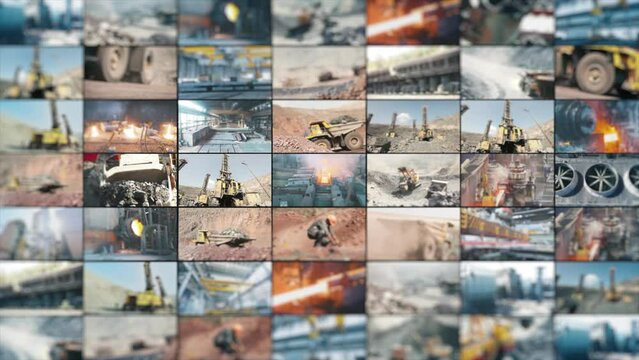 Iron quarry collage. Full cycle creation of metal multiscreen video. Iron ore mining multiscreen video. Heavy equipment in an iron ore mine
