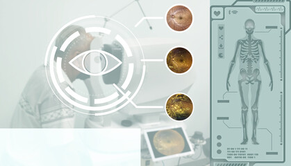 Blurry close up a head of the patient fixed in Tomography Optical Coherence (OCT) equipment and viewing analytics at Hologram human anatomy and skeleton. Feature of medical science in the room