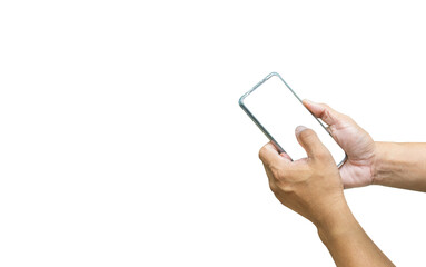 Hand holding black smartphone with a blank screen isolated on white background with clipping paths, can be used as a model for your application or website design project.