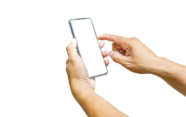 Hand holding black smartphone with a blank screen isolated on white background with clipping paths, can be used as a model for your application or website design project.