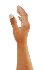Side hand open and ready to help or receive. Gesture isolated on green background with clipping path. Helping hand outstretched for salvation.