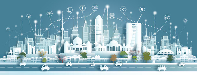 Technology wireless network communication smart city with architecture landmarks Uzbekistan.
