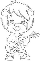 Lion the guitarist. Element for coloring page. Cartoon style.