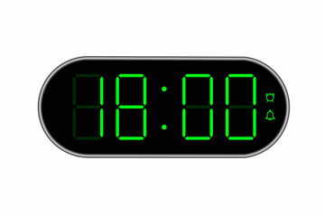 Vector flat illustration of a digital clock displaying 18.00 . Illustration of alarm with digital number design. Clock icon for hour, watch, alarm signs.