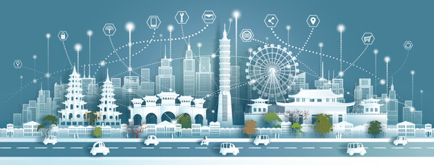 Technology wireless network communication smart city with architecture landmarks Taiwan.