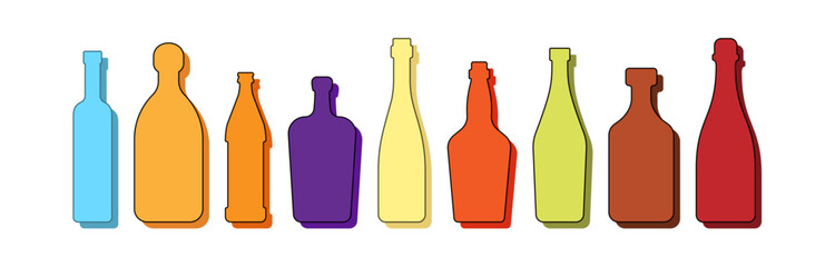 Set drinks. Alcoholic bottle. Gin tequila beer vermouth wine whiskey rum liquor champagne. Simple shape isolated with shadow and light. Colored illustration on white background. Flat design style