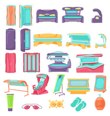 Different tanning beds cartoon illustration set. Cosmetic procedure in spa salon, vertical sunbathing machines or cabins. Solarium, wellness, recreation, care, relaxation concept