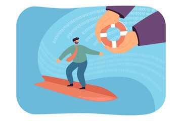 Obraz premium Financial risk of businessman surfing digital waves. Hands giving lifebuoy, protecting tiny man flat vector illustration. Insurance, protection concept for banner, website design or landing web page