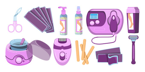 Various hair removal equipment cartoon illustration set. Shaving stick, tweezer, wax strips, epilator, shaving cream. Cosmetology, depilation, hygiene, beauty concept